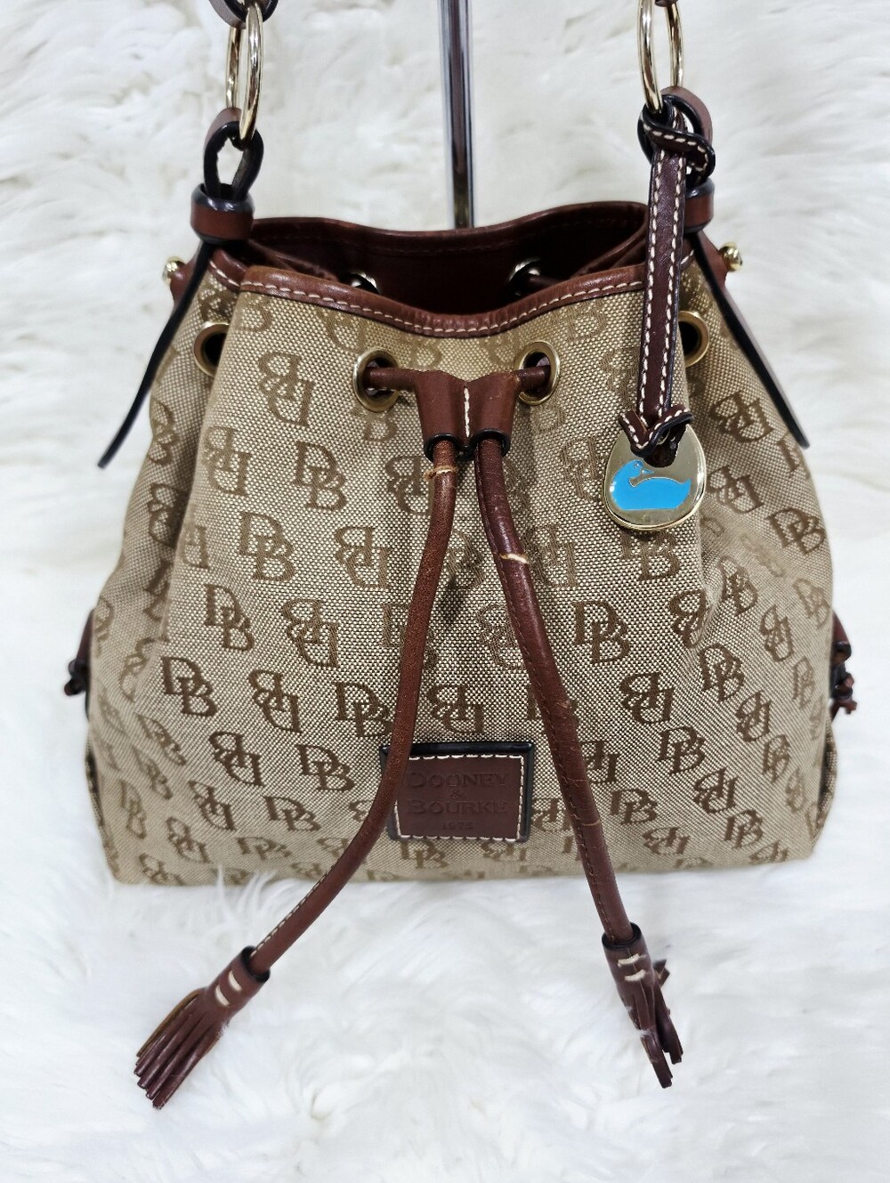 Dooney & Bourke DB Monogram Drawstring Bucket Bag Tan Brown Leather - Picture 11 of 17